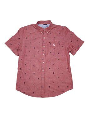 U.S. Polo Assn. Mens Red Short Sleeve Button-Down Shirt With Palm Tree Print Siz